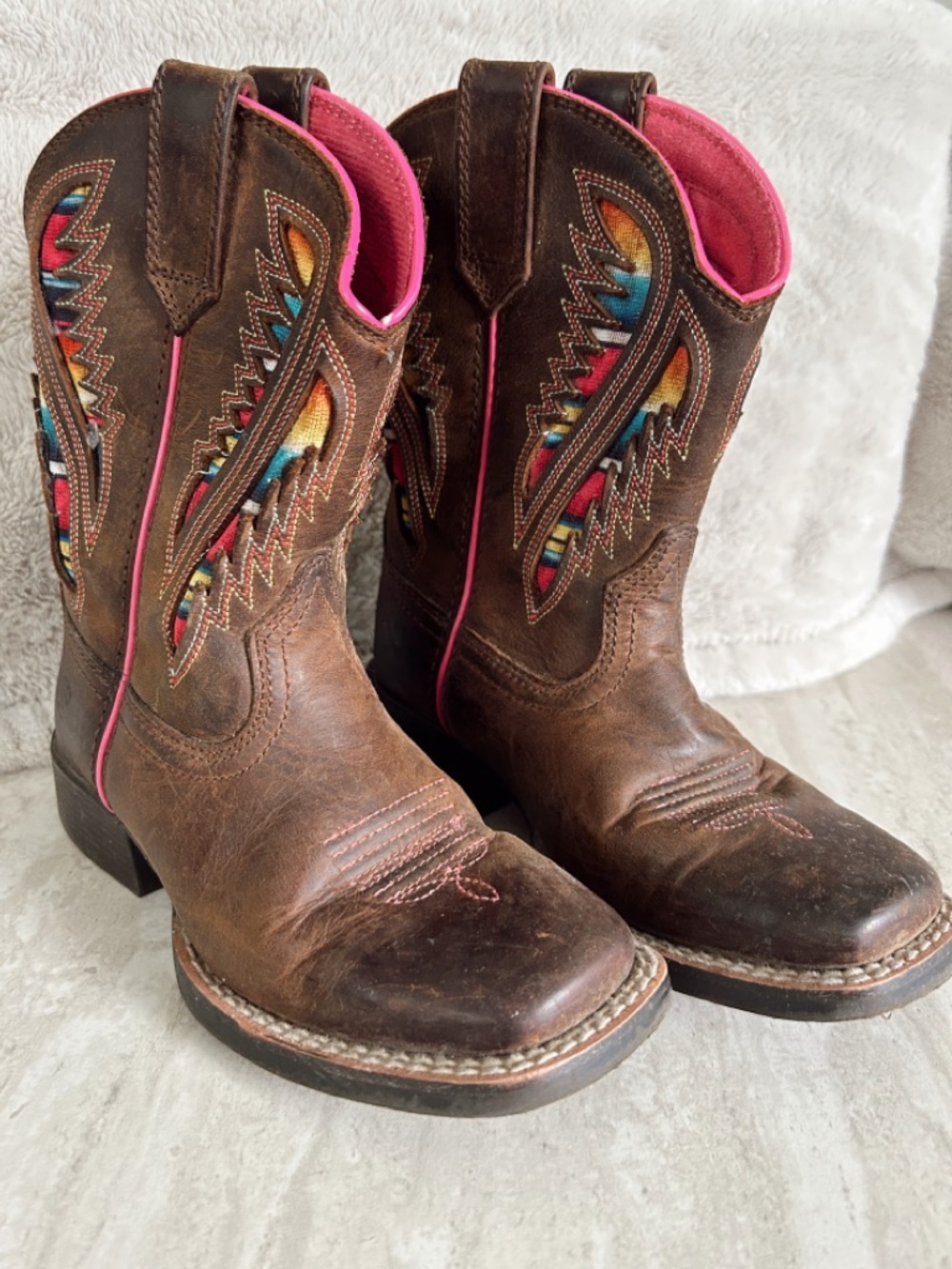 Ariat Kids Brown Leather Western Boots with Pink Trim